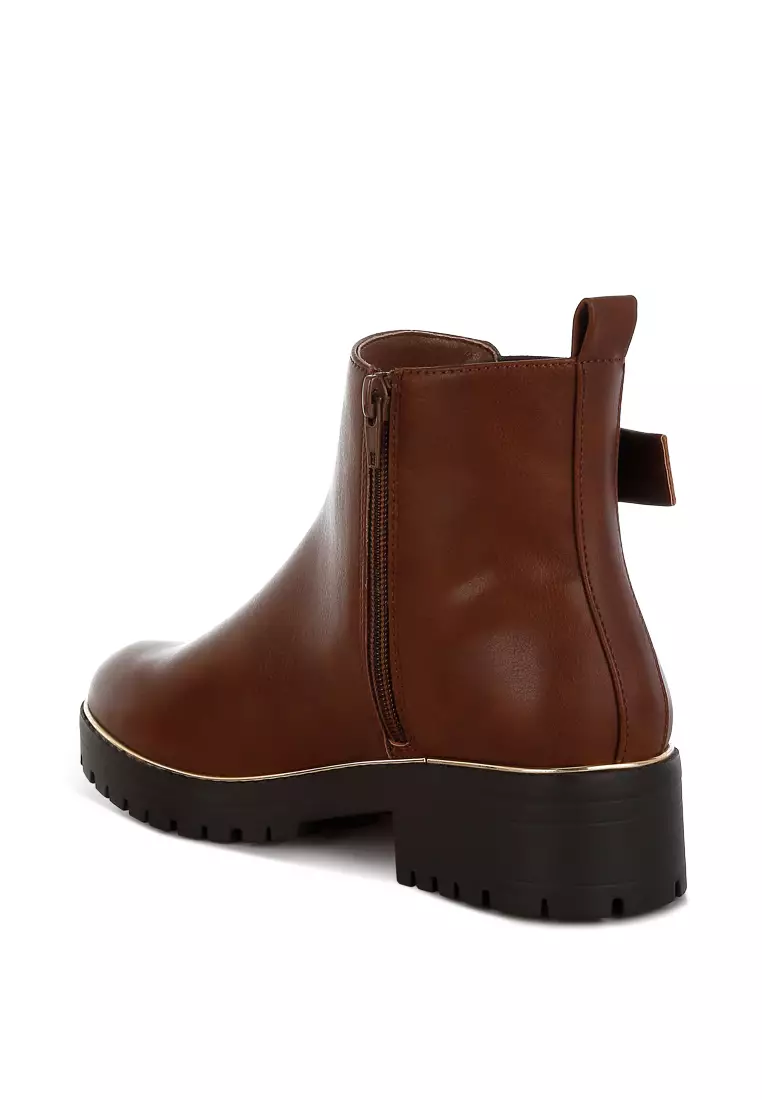 Chunky Buckle Detail Ankle Boots in Tan