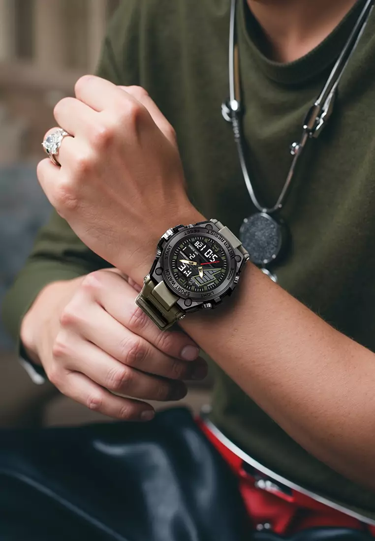 Jam Tangan Pria Analog&Digital Multifungsi Tali Silikon Anti Air Jam Tangan Cowok khakiblack