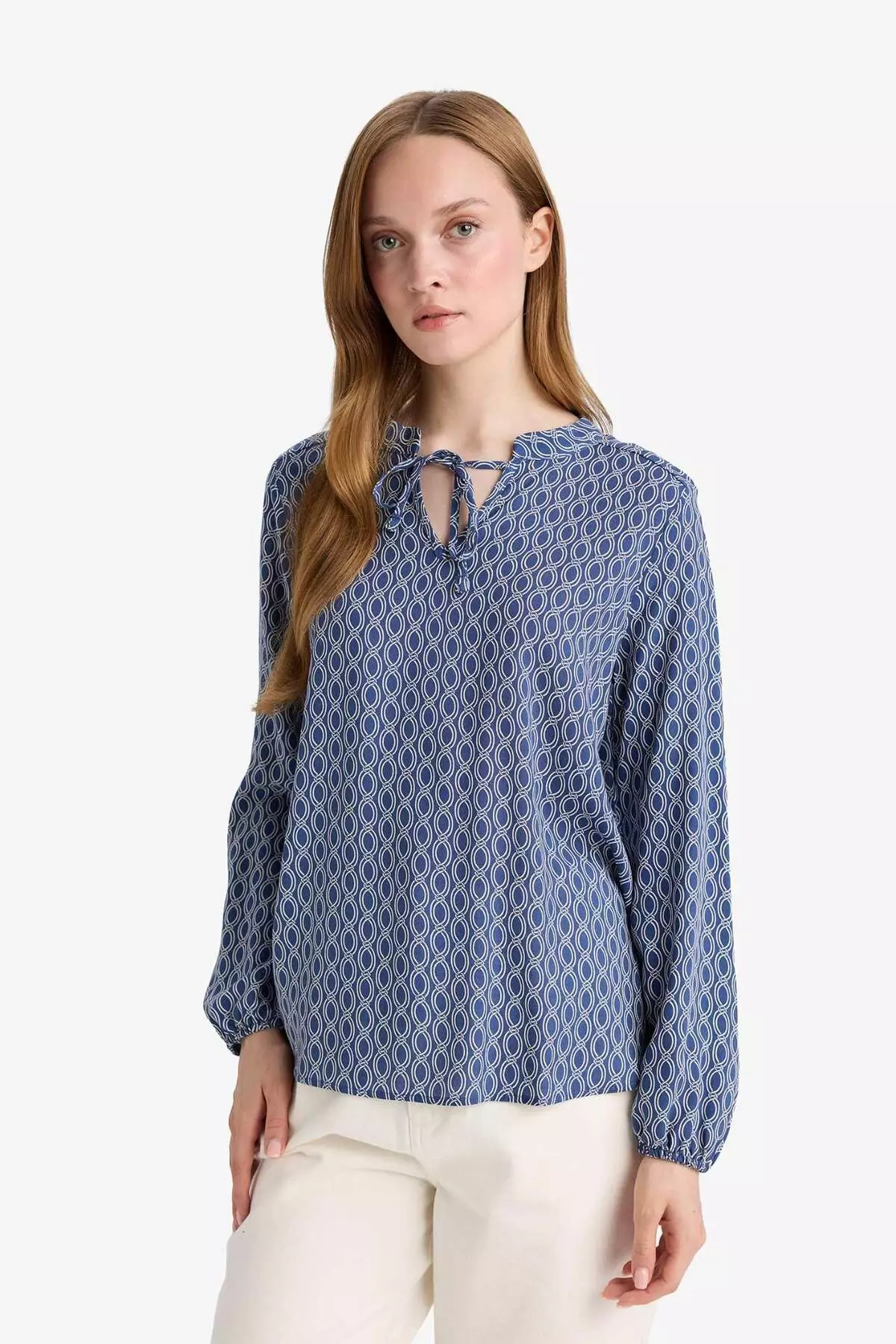 Regular Fit Lace-Up Collar Patterned Long Sleeve Blouse N1809Az25Sp