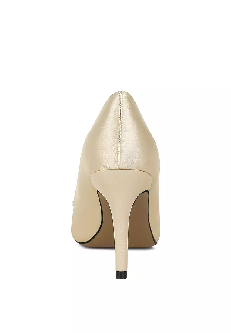Diamante Brooch Detail Satin Pumps In Gold