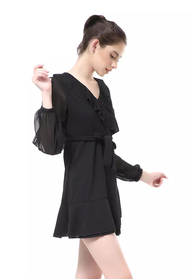 Rachel Sexy Dress Wanita Lengan Panjang Terbelah Model Tali Pinggang Stylish Material Polyester ORIGINAL - Black