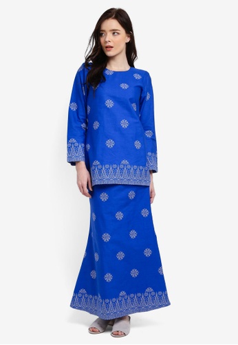 Cotton Modern Kurung With Songket Print (Tabur) from Kasih in Blue and Silver