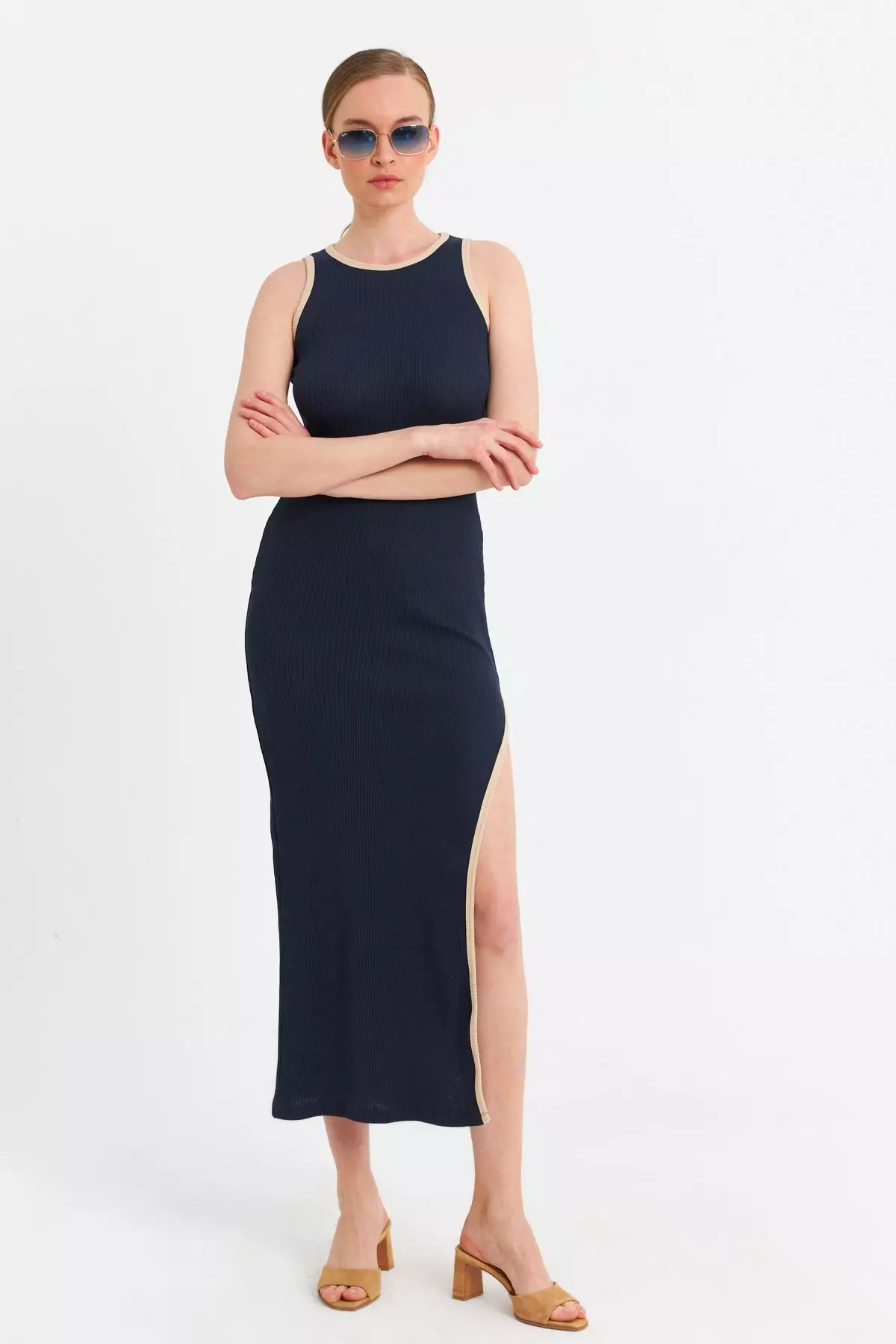 Stylish Cool Belted Slit Midi Dress main image 0
