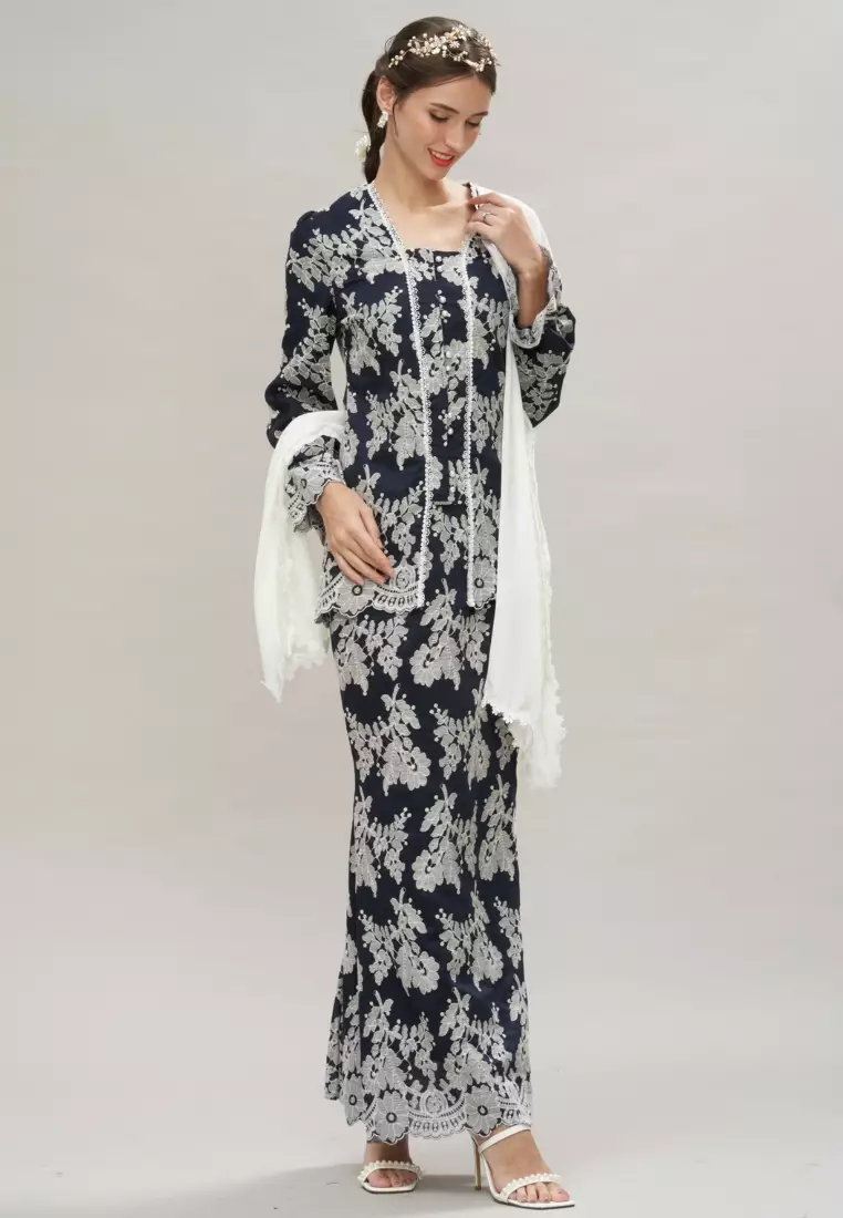 Navy Blue Silk Embroidery Puff Sleeve Kebaya Top & Maxi Skirt Hari Raya