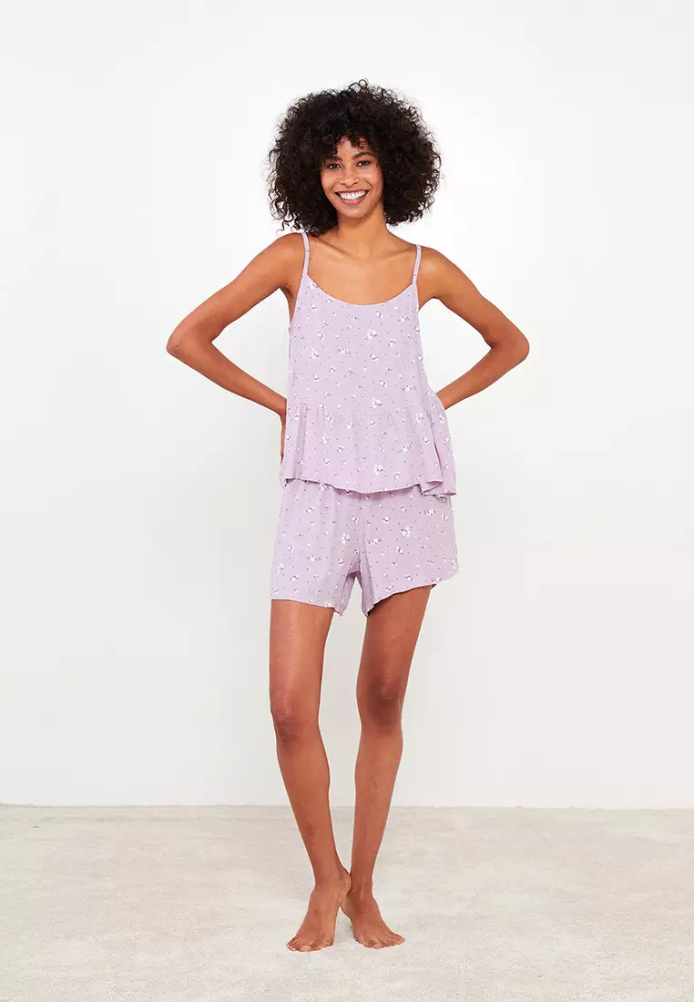 U-Neck Patterned Strap Viscose Women's Pajamas Set