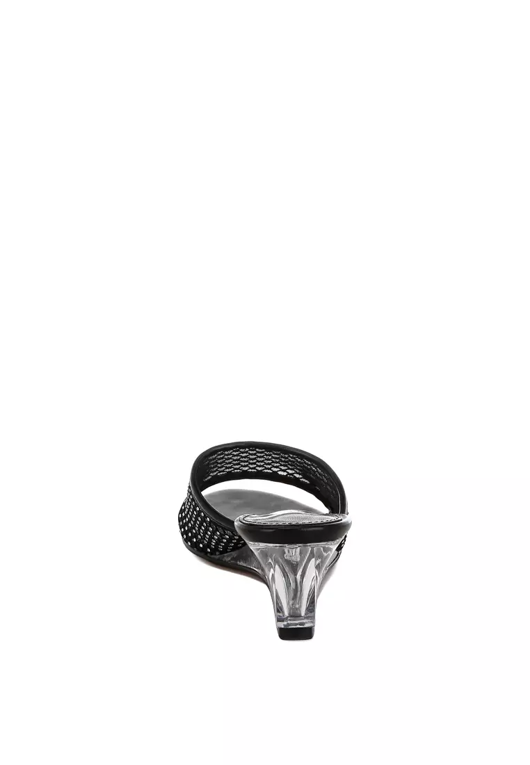 Mesh Clear Heel Wedge Sandals In Black