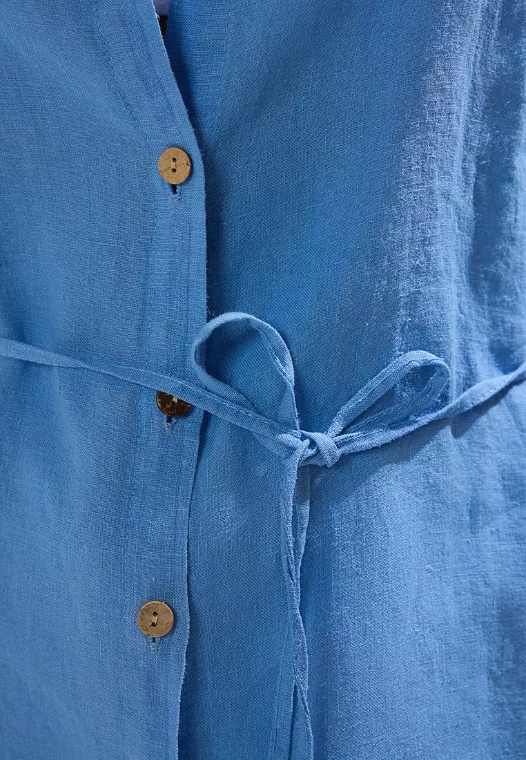 Blue Weaving 100% Linen Tied Beach Shirt TBESS25GO00015