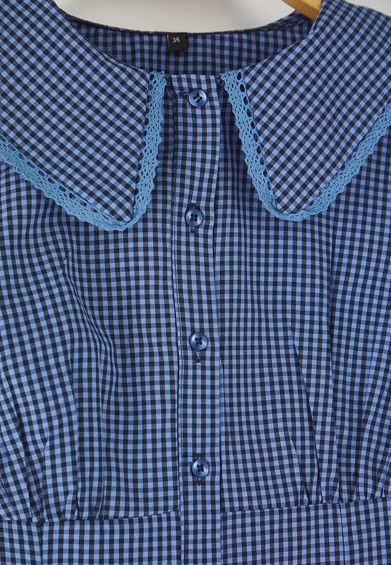 Teen Baby Collar Detailed Plaid Waist-Sit Blue Shirt