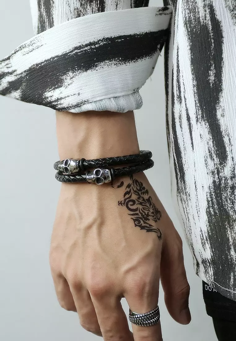 Mens leather skull clearance bracelet