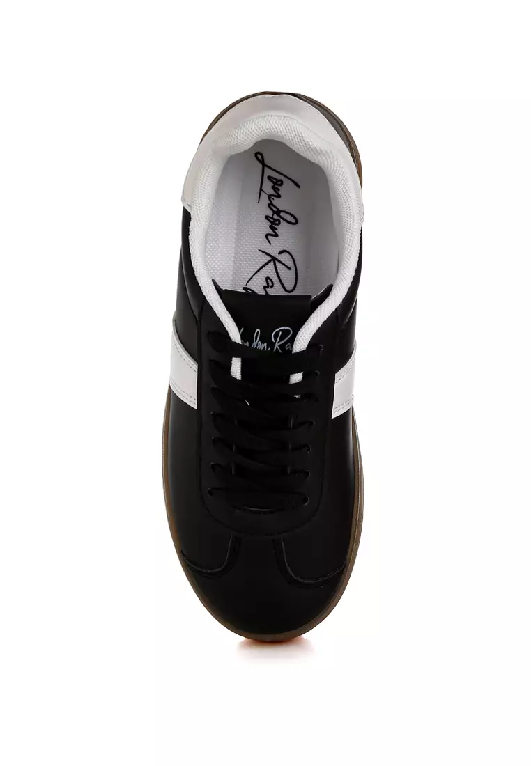 Faux Leather Lace-Up Sneakers in Black