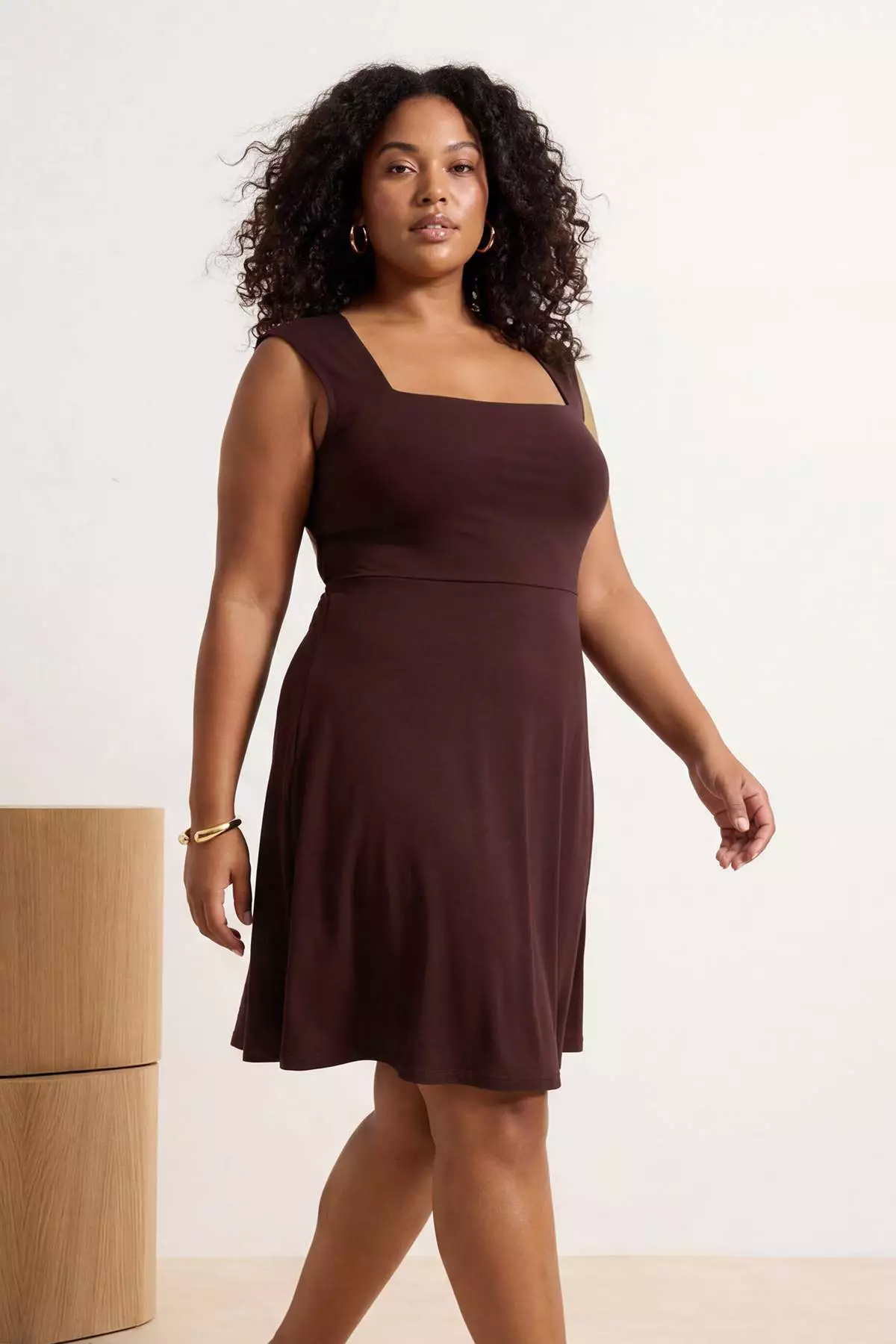 Brown Square Collar Skater Sandy Plus Size Dress Tbbss26Ah00216