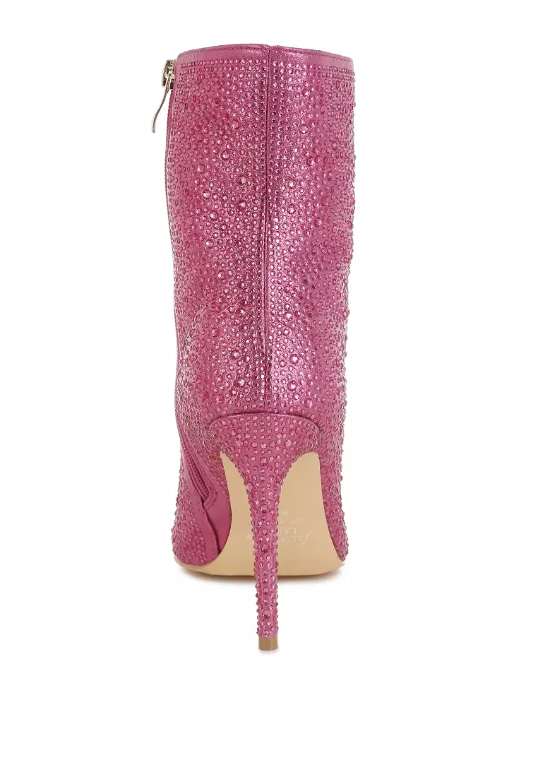 Rhinestones Embellished High Ankle Boots in Pink