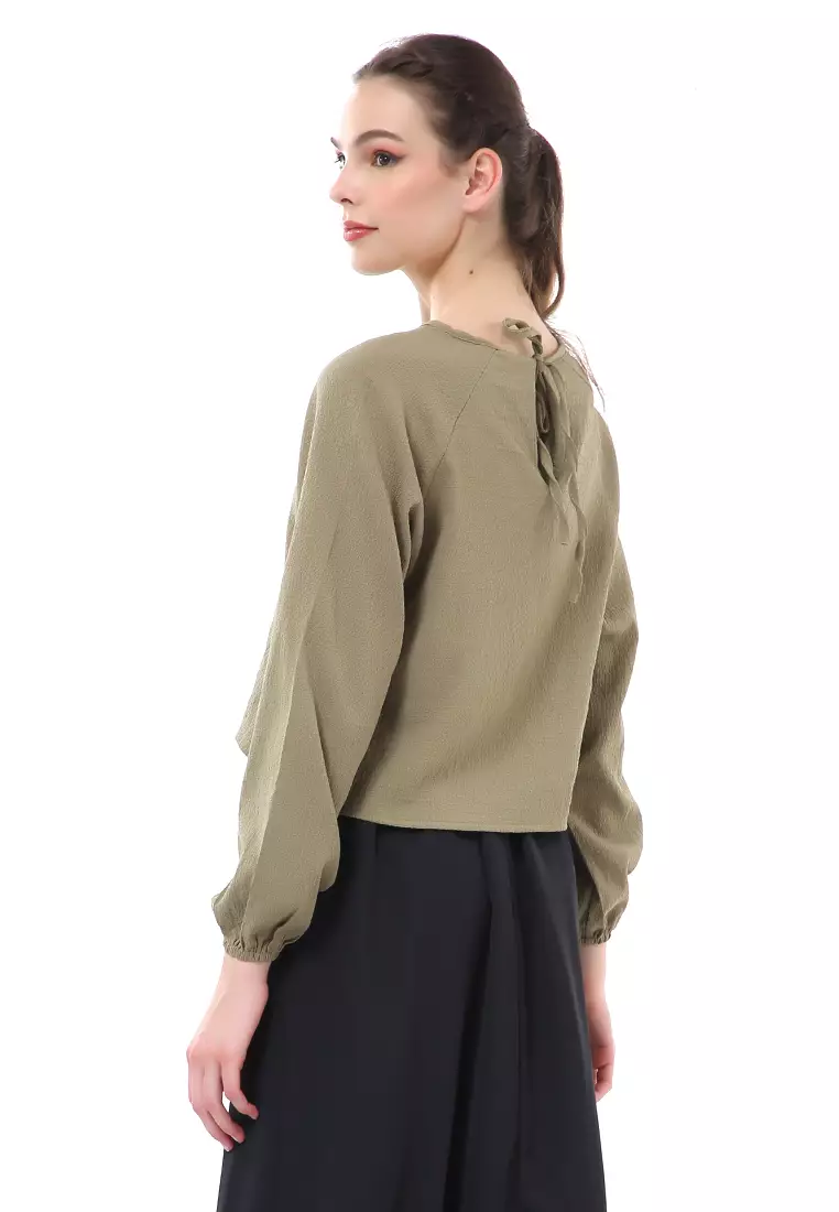 Albertine Blouse Atasan Wanita Lengan Panjang Desain Balon Material Crinkle ORIGINAL - Green