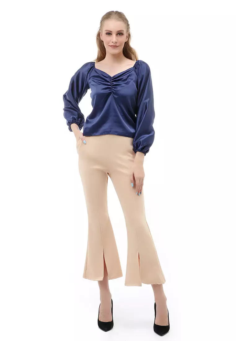 Cheva Blouse Casual Wanita Sabrina Kerut Dada Lengan Panjang Material Satin ORIGINAL - Navy