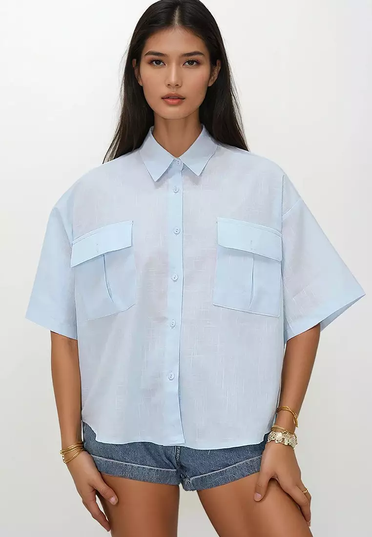 Women's Baby Blue Double Pocket Half Sleeve Linen Shirt Alc-X9991