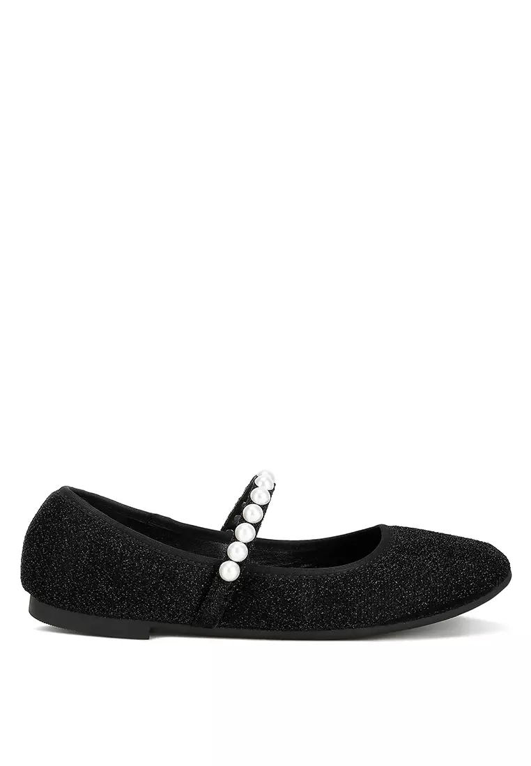 Discount on London Rag  shoes - SKU: Black Pearl Strapped Glitter Ballerinas