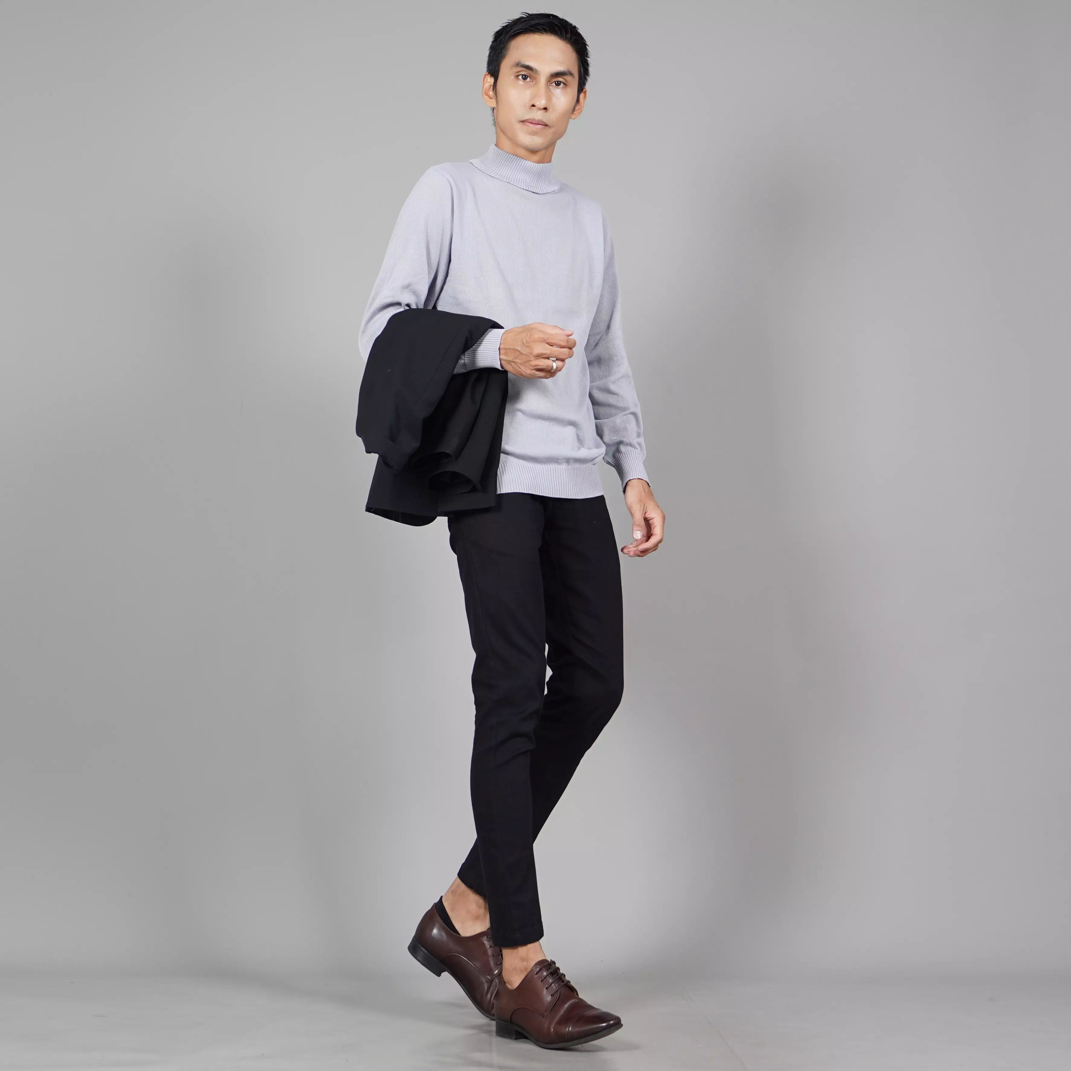 JEHOON Atasan Rajut Pria Knit Outer Turtle Neck Pria - ABU MUDA