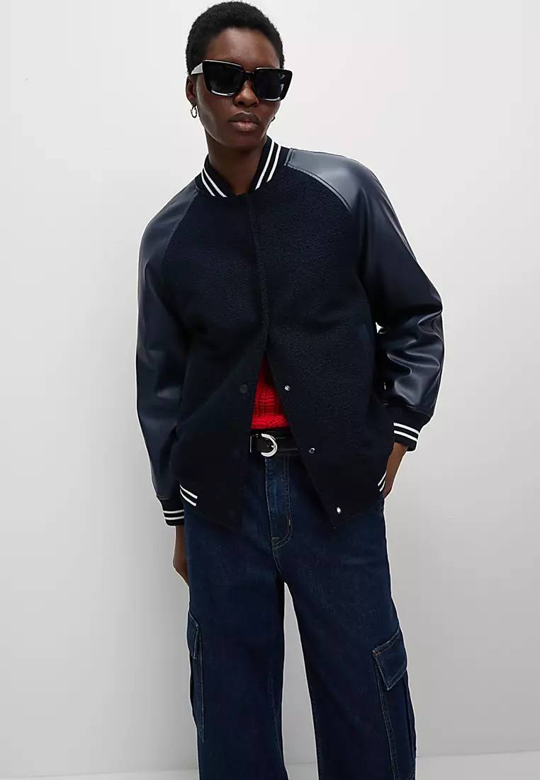 Faux Leather Relaxed College Bomber Jacket