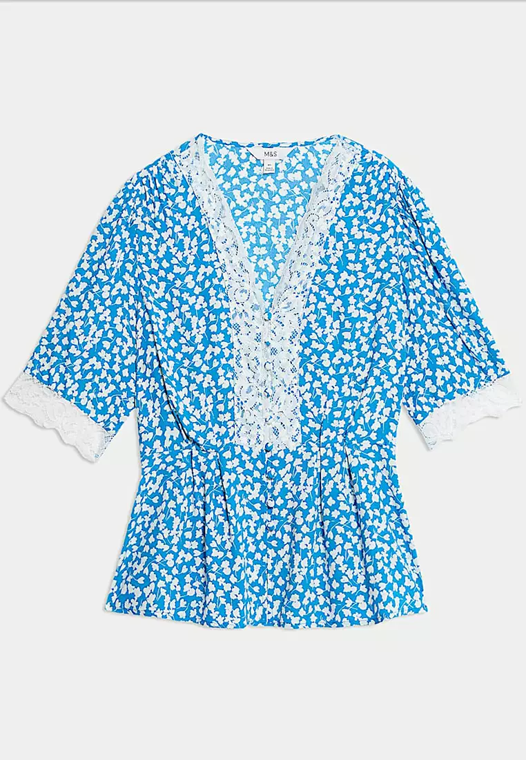 Floral Lace Detail V-Neck Blouse
