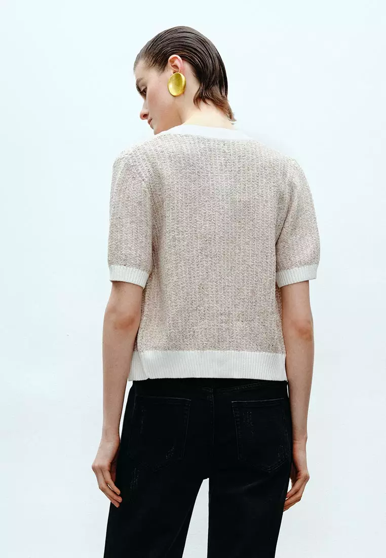 Short Sleeve Tweed Knit Cardigan With Pocket Detail