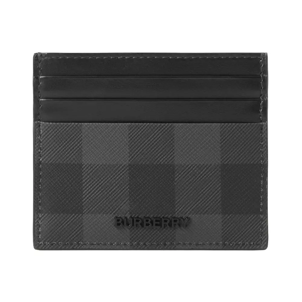 Check and Leather Card Case in Charcoal - Men