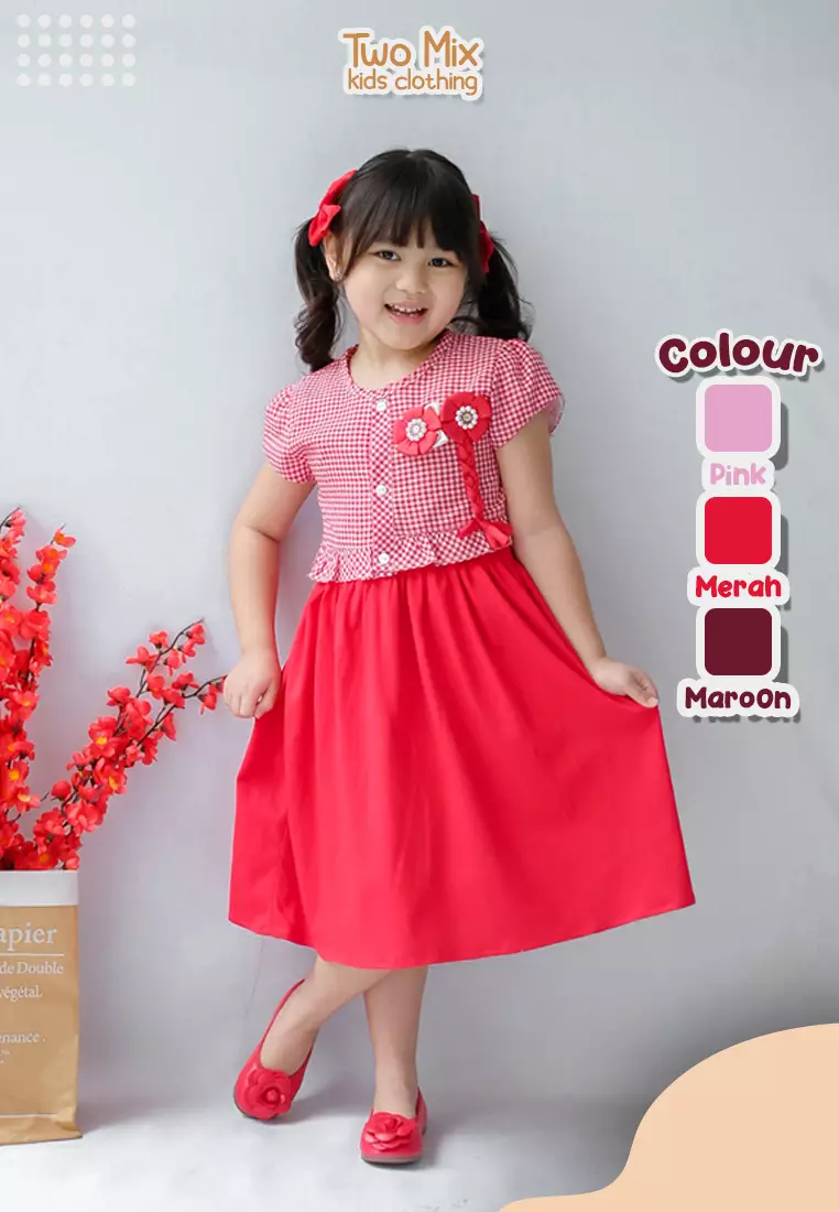 Two Mix Dress Anak Perempuan / Baju Anak Perempuan 4310 Maroon