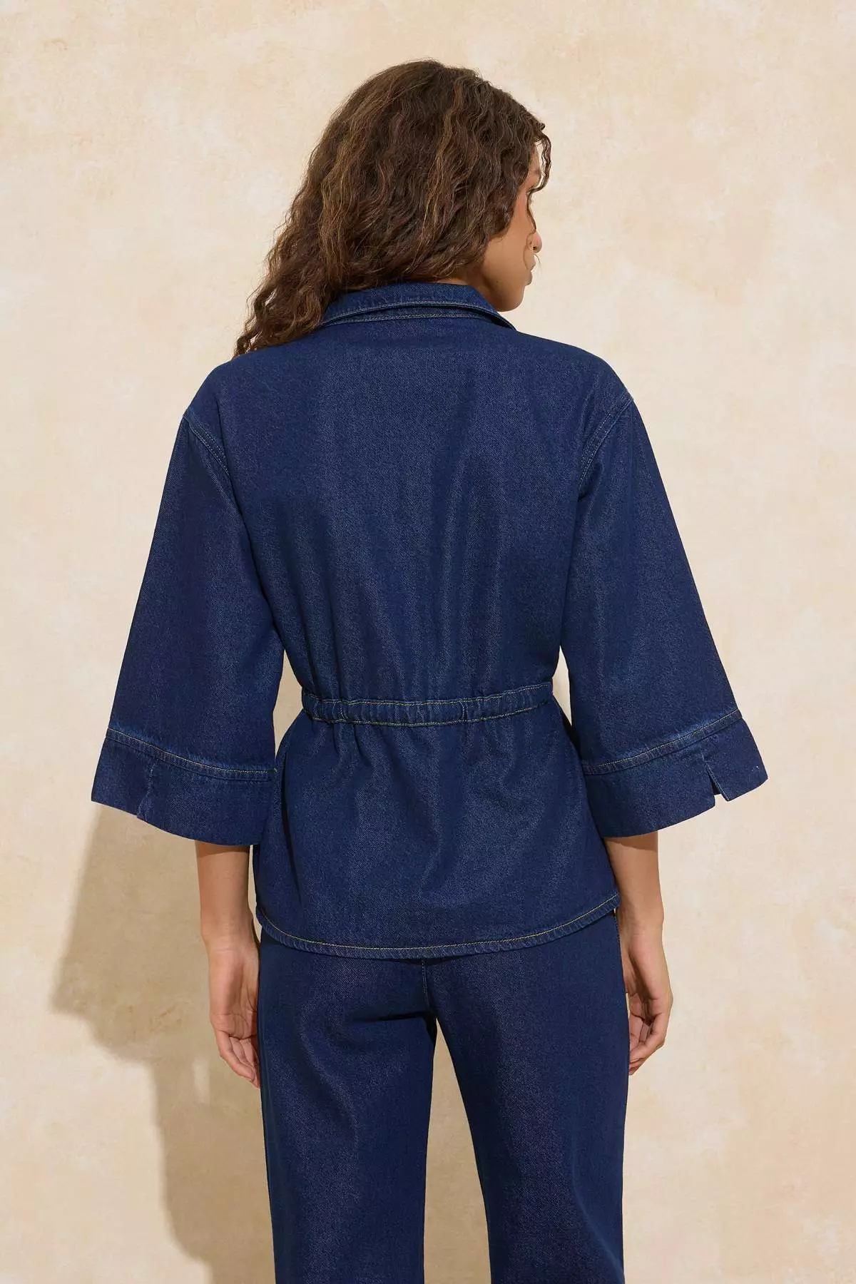 Dark Blue Waist-Tied Tencel Blended Denim Shirt Twoss26Go6