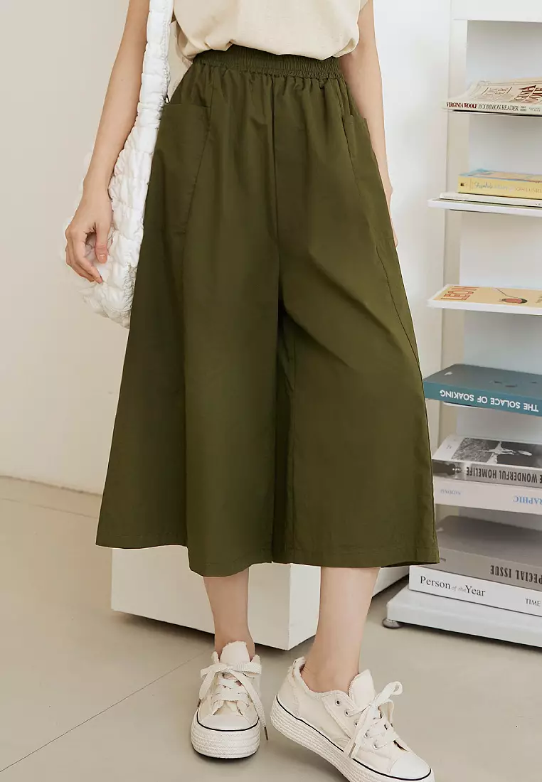 Cotton Elastic Waist Wide-Leg Cropped Trousers [BA3858]