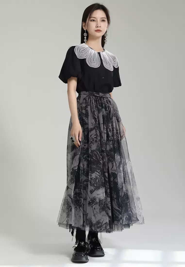 2024 Half skirt mesh print two-piece set summer A-line high waisted mid length skirt CA24030105BK