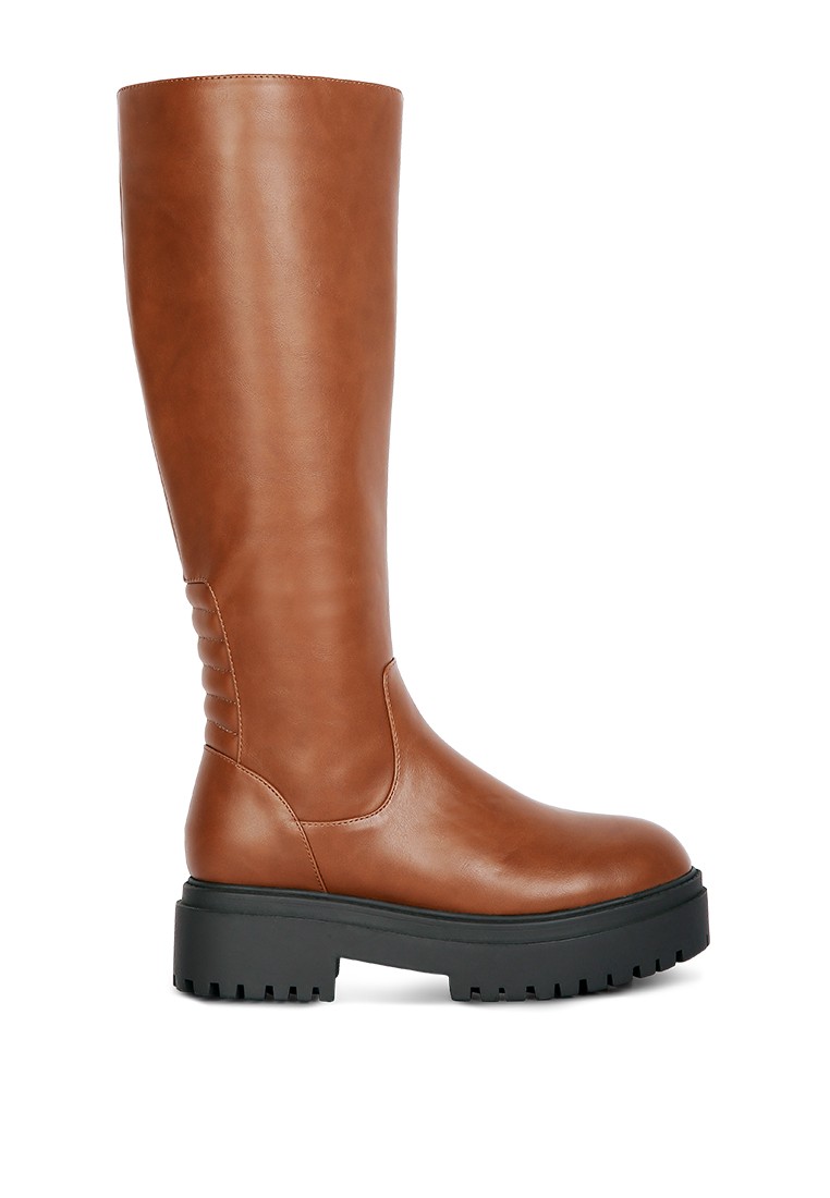 Tan Round Toe Knee High Platform Boot