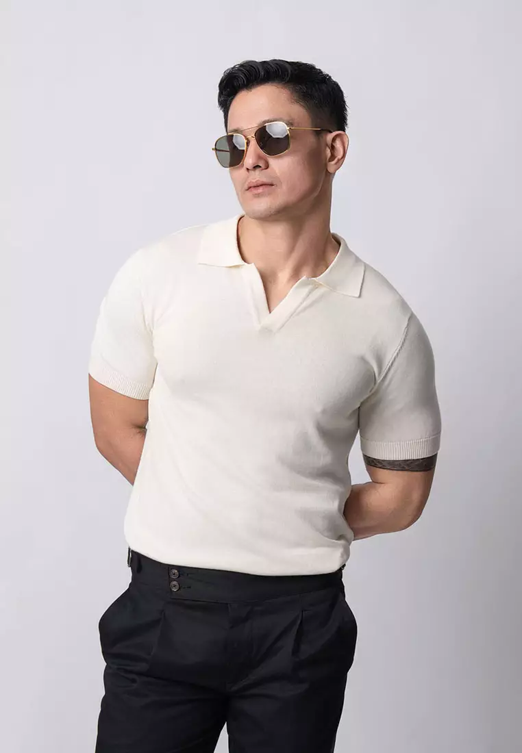 Mens Polo Shirts Vneck Knitted Off White