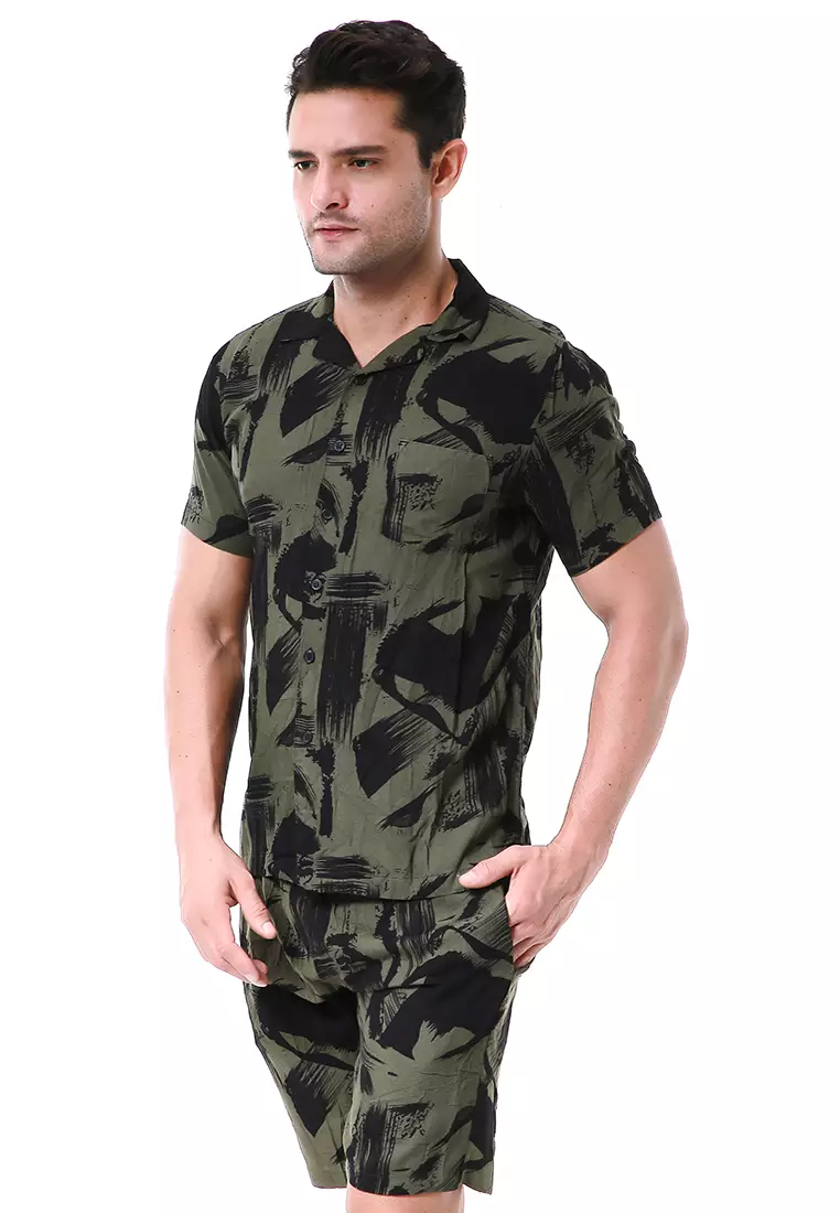 Deon Piyama Pria Kemeja One Set Lengan Pendek Motif Abstrak Material Rayon ORIGINAL - Army Green