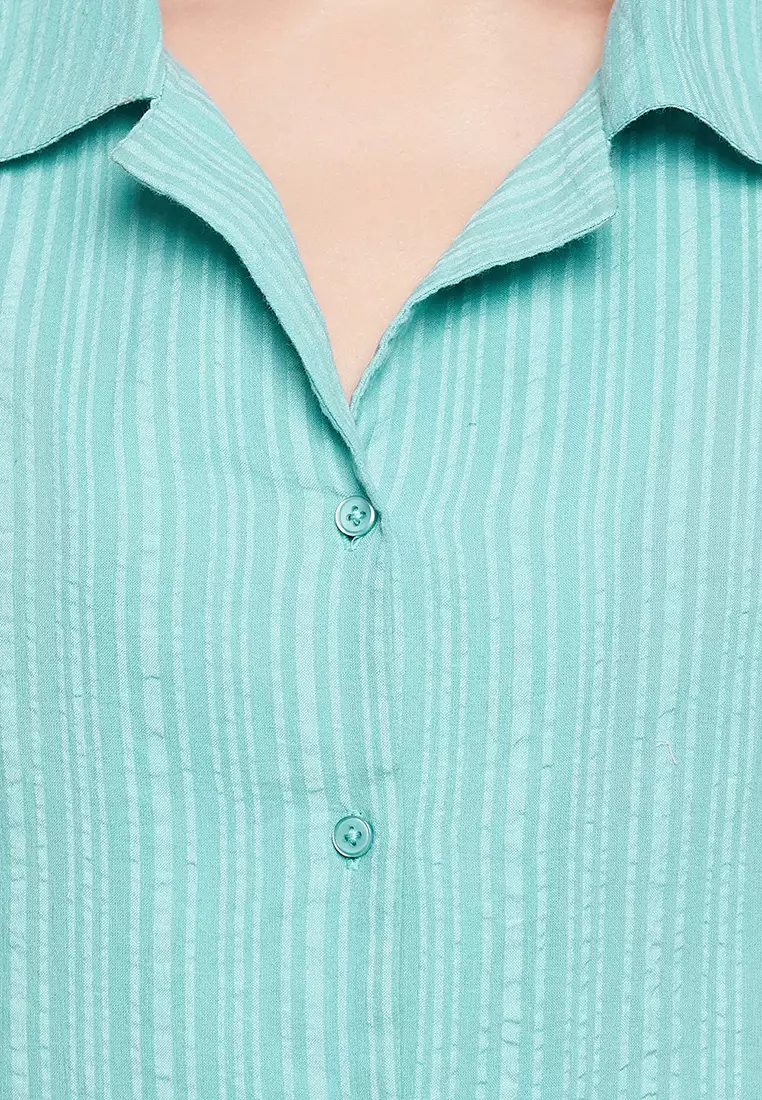 Clovia Sassy Stripes Button Down Shirt & Pyjama in Cyan Blue - Cotton