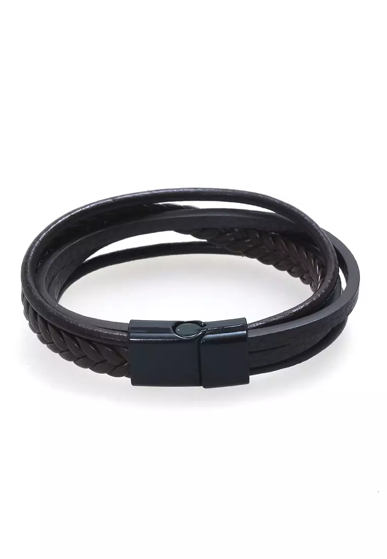 Aleda Gelang Kasual Pria Wanita Aksesoris Fashion Adjustable Desain Mix Kepang Strap Material Leather ORIGINAL - Dark Brown