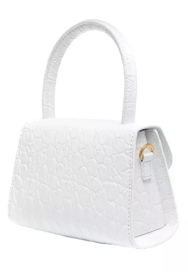 By Far Mini Circular Croco Embossed Leather Shoulder Bag in Optic White