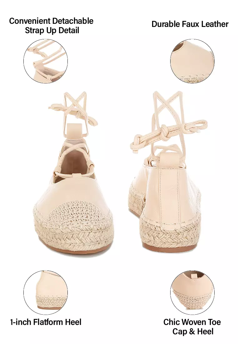 Woven Toe Lace-Up Espadrilles in Beige