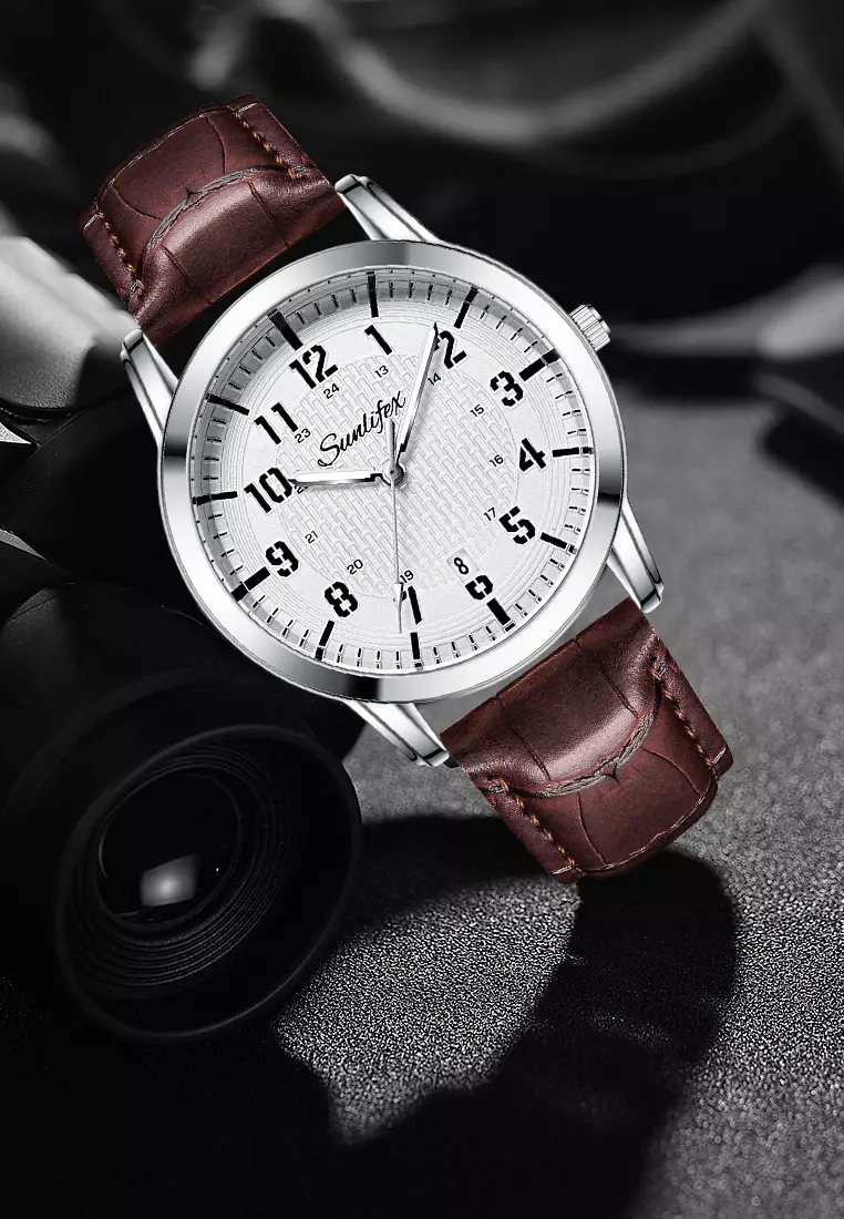 Jam Tangan Pria Original Klasik Gaya Jam Tangan Cowok Anti Air Kuarsa Tali Kulit Jam Pria 7009 brown white