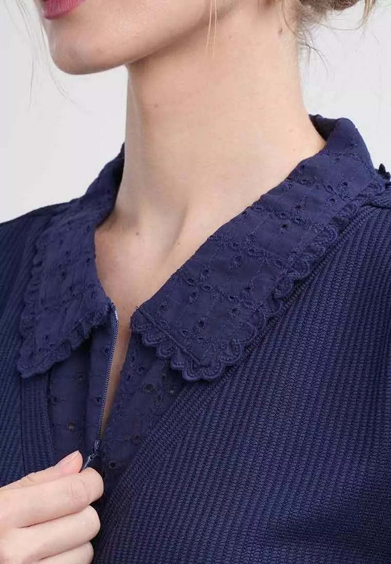 Lina Ribbed V-Neck Scalloped Collar Knit Top