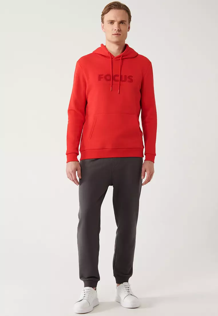 Men's Red Hooded 3 Thread Raster Kangaroo Pocket Sweatshirt A32Y1193