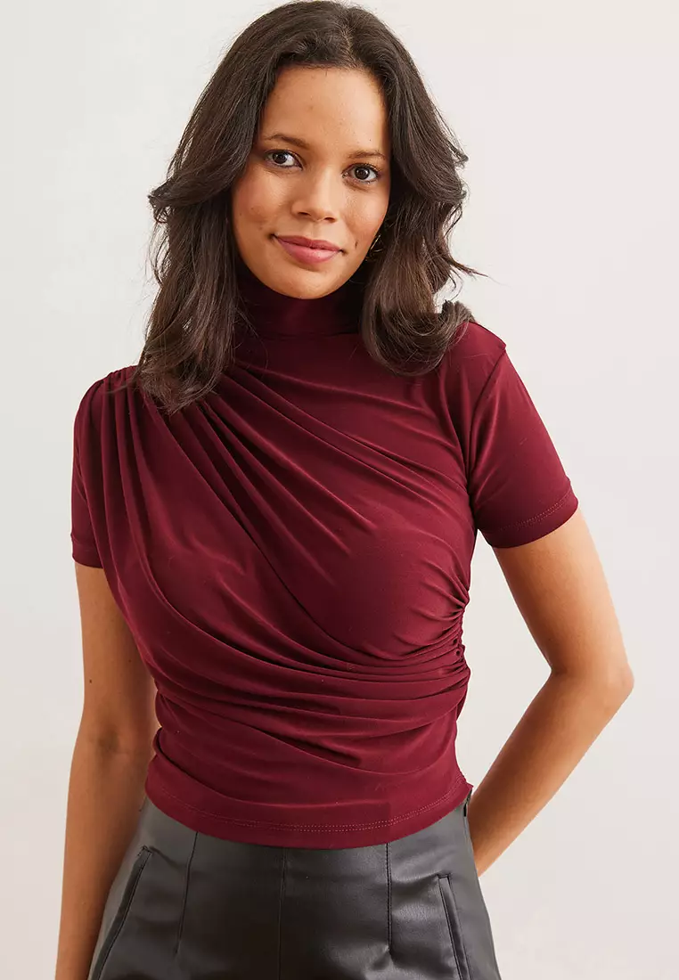 Women's Burgundy Draped Detail Short Sleeve Flowy Blouse Blz- 19002672