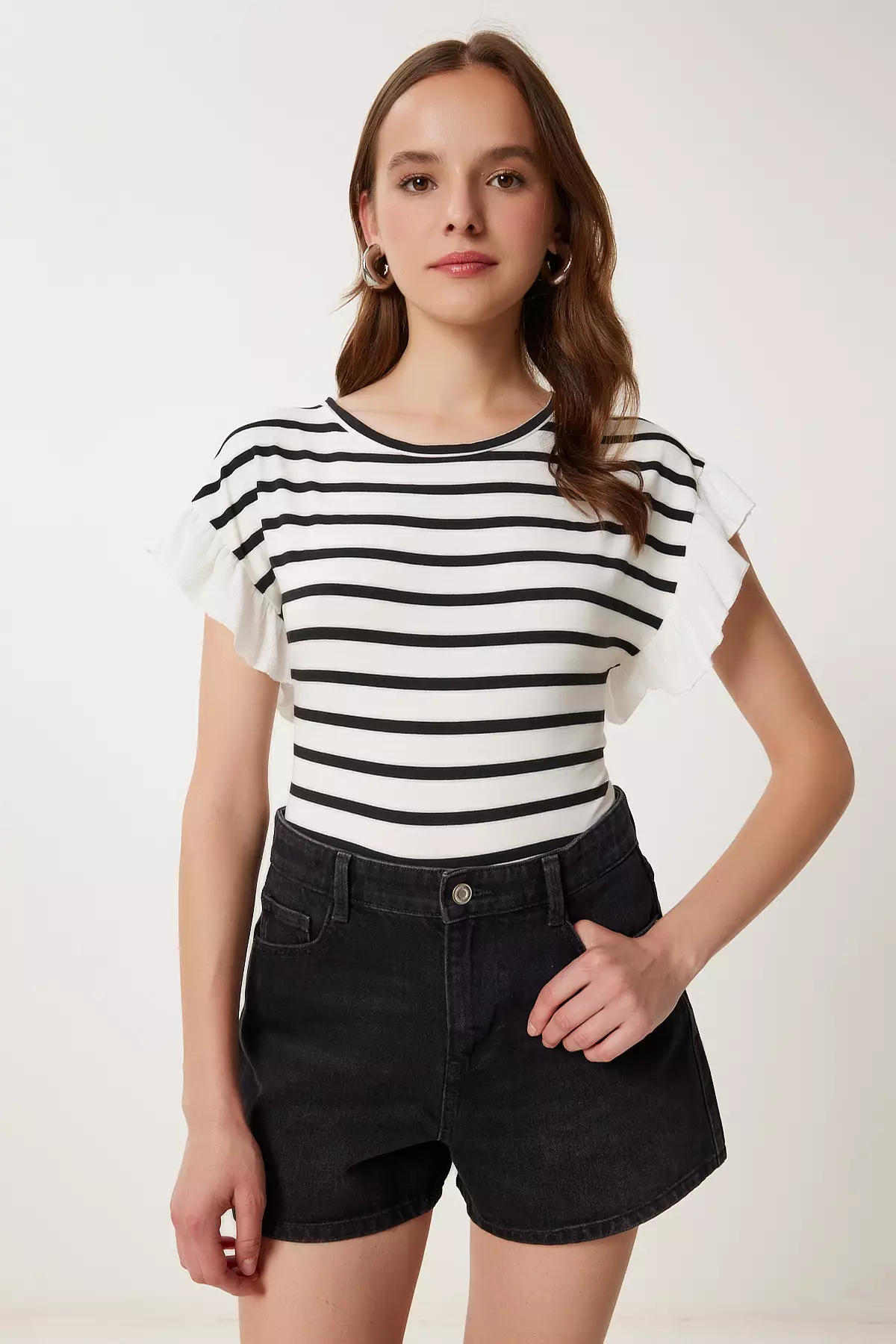 Women's Bone Black Striped Flounced Cotton Knitted Blouse Tp00080
