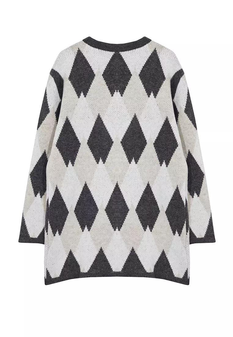 Gray Diamond Patterned Knitwear Cardigan Tctaw25Th00022