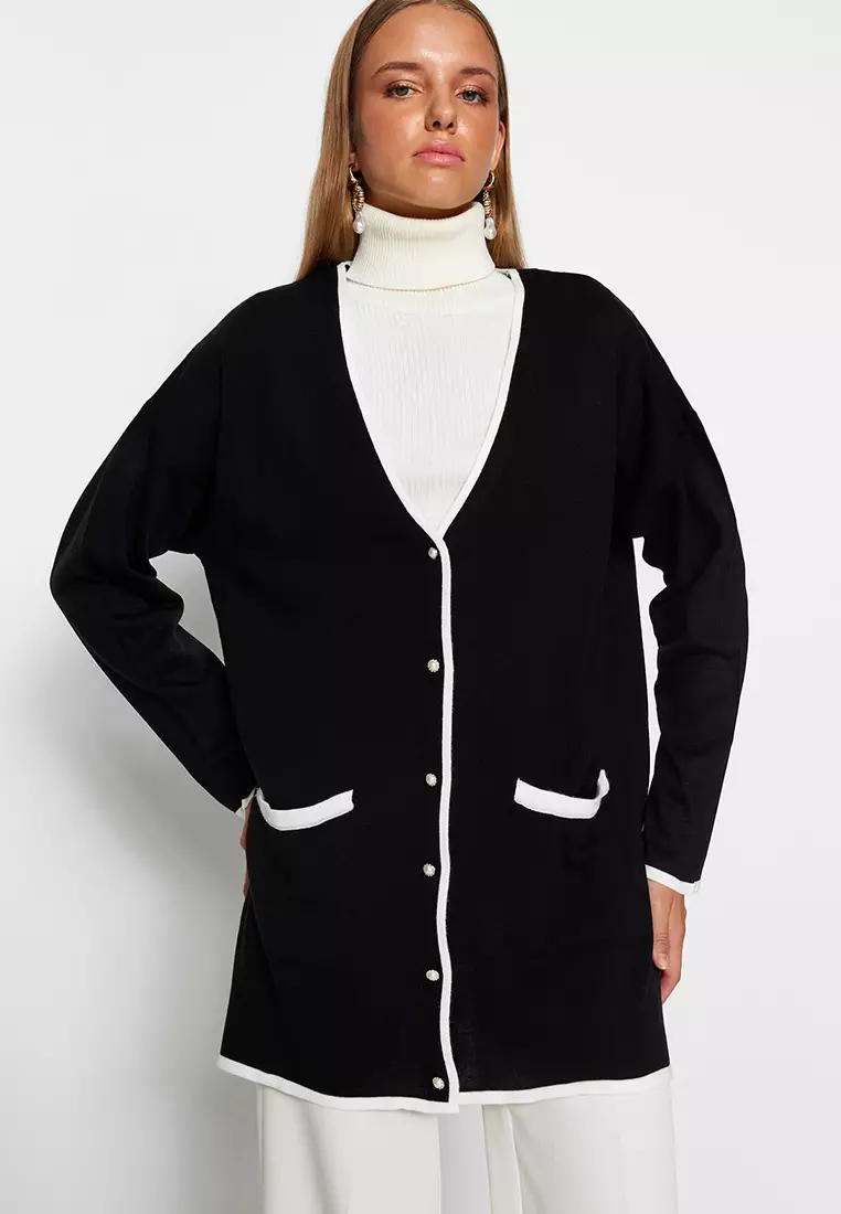 Black cardigan outlet with pearl buttons