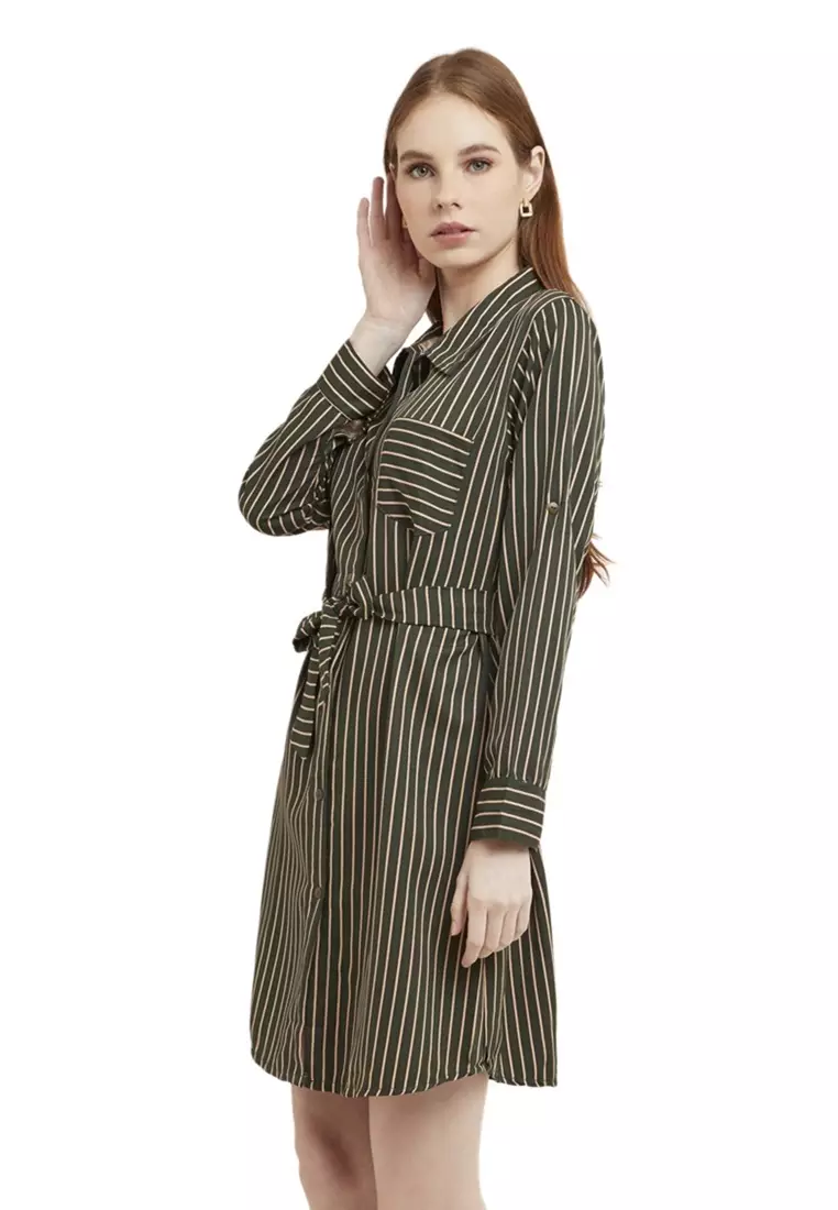 Tunik Salur Self Tie Belt Baju Wanita Lengan Panjang Garis Regular Fit - Green