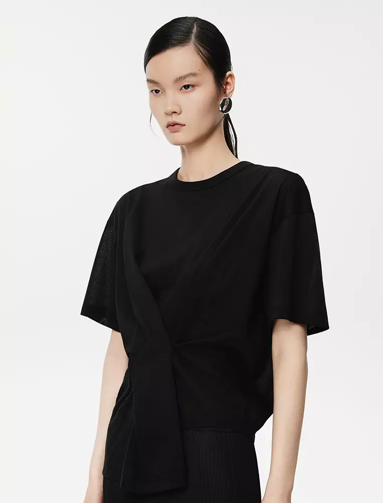 Round Neck Pleated Short Sleeve T-Shirt