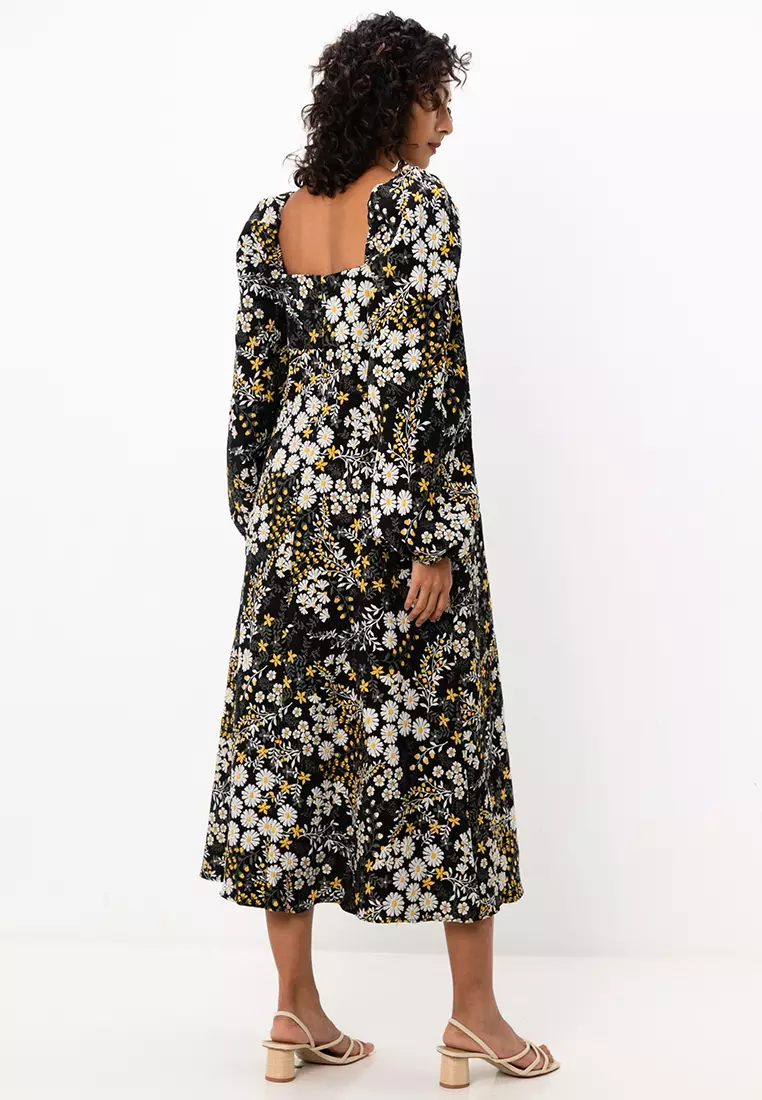 Jacquard Puff Sleeve Midi Dress