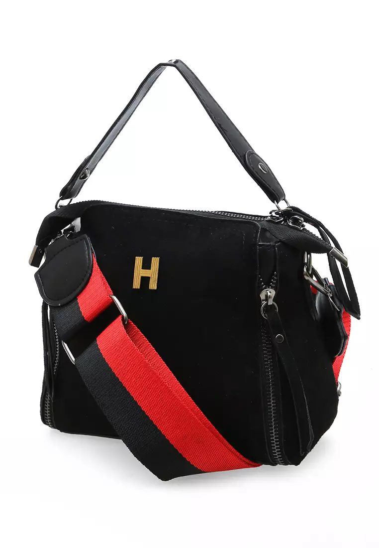 Eilaria Tas Selempang Wanita Zipper Design Sling Bag Mini Material Beludru ORIGINAL - Black