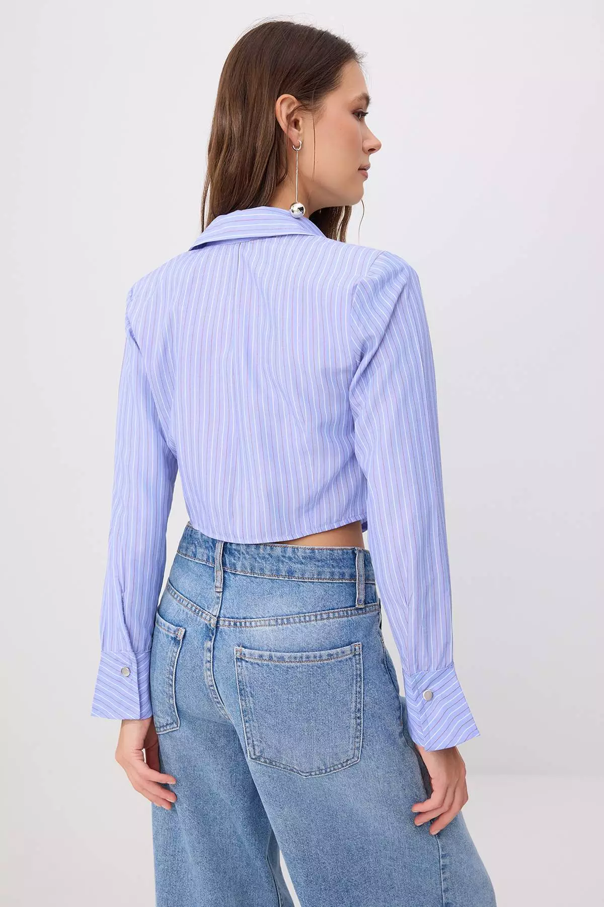 Blue-Multicolor Striped Mini Plaid Fitted Crop Shirt Twoss26Go00150