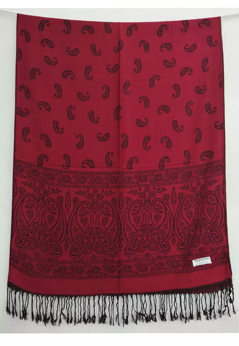 Aksesoris Wanita Reversible Viscose Paisley Pattern Pashmina Shawl Syal Wanita Red Heart & Black