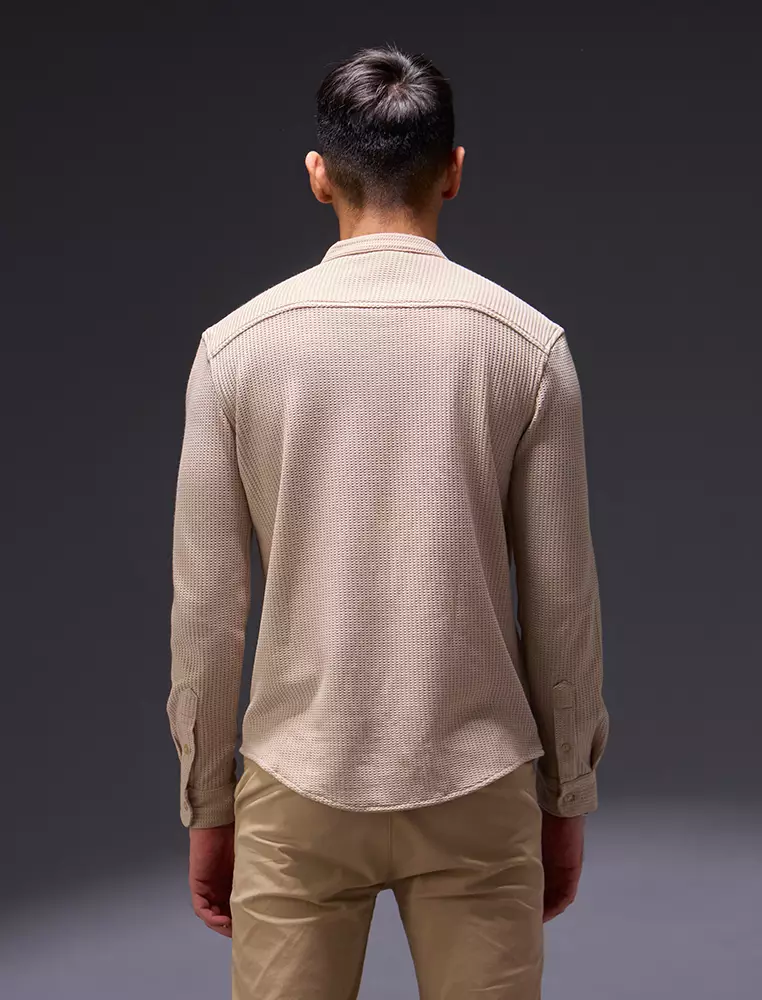 OXCON kemeja Tangan Panjang Waffle Kerah Collarless Cream